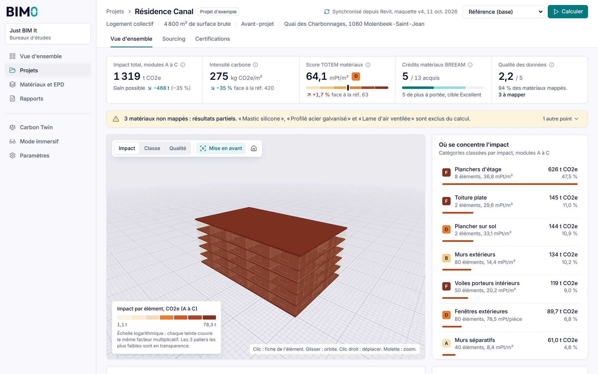 BIMzero dans le navigateur : impact carbone d'un projet d'exemple sur sa maquette 3D