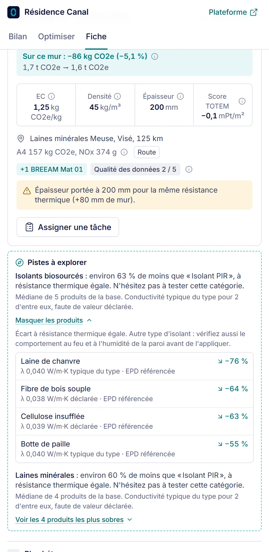 Panneau BIMzero dans Revit : comparaison d'isolants et pistes de matériaux plus sobres